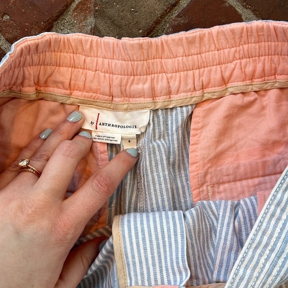 By Anthropologie Blue and White Striped Linen Blend High Rise Trouser Shorts - Picture 2 of 4